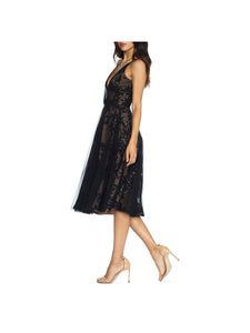 Dress the Population Women's Courtney Sleeveless Veiled Fit & Flare Midi Dress -Blacknude, X-Large