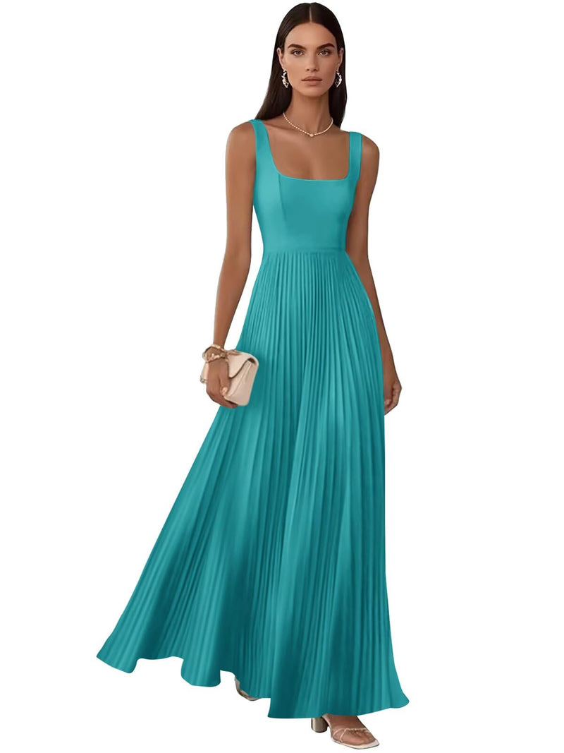 Wenlion Pleated Satin Wedding Guest Dress Maxi Aqua Square Neck Bridesmaid Dresses Long Spring Summer Formal A-Line Evening Party Gown 0