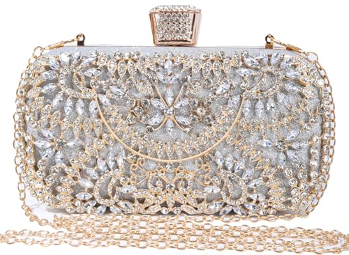 Covelin Women's Rhinestone Decorated Evening Bag, Tote Shoulder Crossbody Handbag with Chain (Silver)