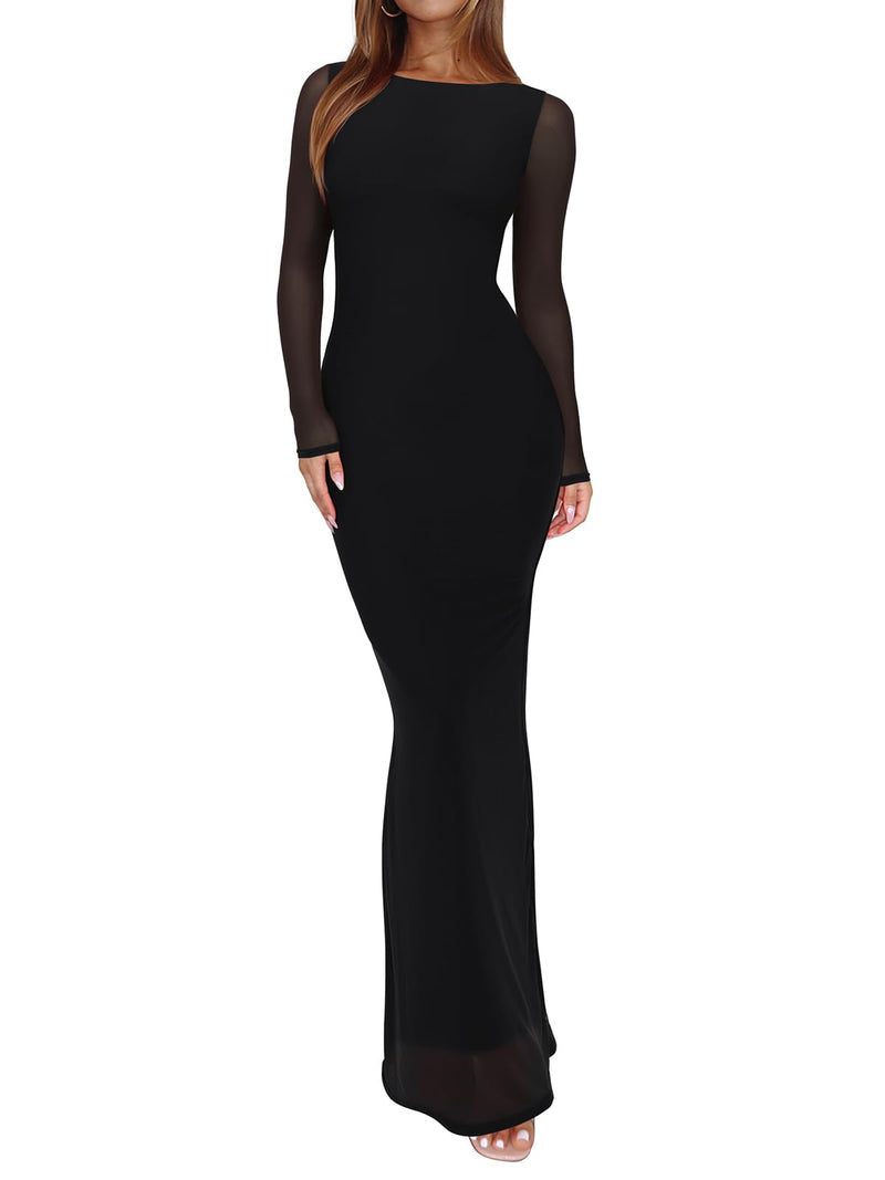 REORIA Women's Fall Mesh Sheer Long Sleeve Wedding Guest Dress Sexy Floral Bodycon Maxi Long Dresses Black Onyx Medium