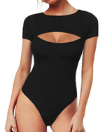 Load image into Gallery viewer, MANGOPOP Women&#39;s Cutout Front T Shirt Short Sleeve Bodysuit Jumpsuits (Short Sleeve Black, XX-Large)
