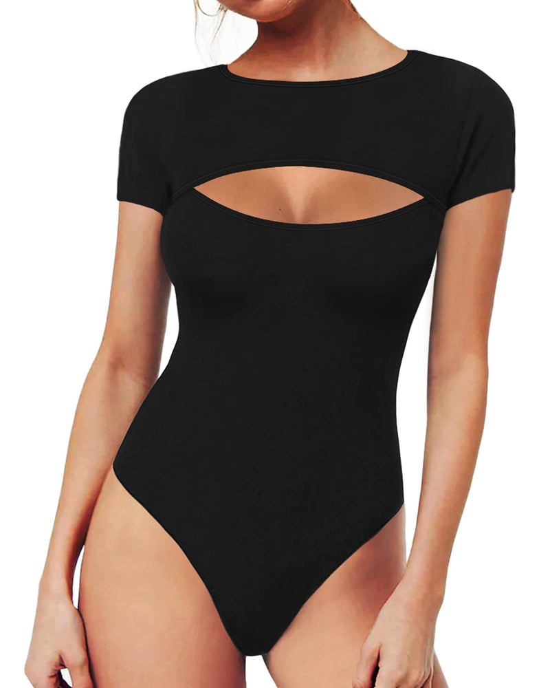 MANGOPOP Women's Cutout Front T Shirt Short Sleeve Bodysuit Jumpsuits (Short Sleeve Black, XX-Large)