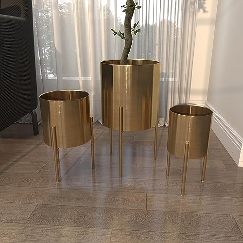Deco 79 Metal Indoor Outdoor Planter Large Planter Pot with Removable Stand, Set of 3 Planters 18", 14", 12"H, Gold