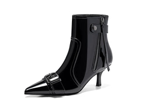 Coutgo Womens Kitten Heel Ankle Boots Pointed Toe Buckle Side Zipper Tassel Fall Winter Booties Shoes, Cool Black, Size 6.5