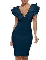 Load image into Gallery viewer, UONBOX Women's Ruffle Short Sleeve Plunge V Neck Bodycon Dress Back Split Bandage Party Club Dress Blue L
