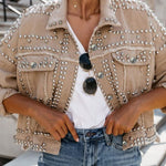 Load image into Gallery viewer, Omoone Women&#39;s Long Sleeve Rivet Studded Denim Jacket Casual Washed Pearl Short Jean Coat(2140-KhakiX1-L)
