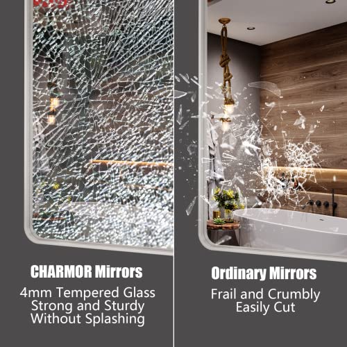 CHARMOR 48x36 Silver Bathroom Mirror, Brushed Silver Framed Bathroom Vanity Mirror, Modern Rectangle Mirror, Rounded Corners, Shatterprood, Anti-Rust (Horizontal/Vertical)