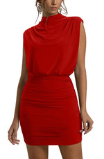 Load image into Gallery viewer, GOBLES Women's Sexy Sleeveless Mock Neck Elastic Waist Mini Cocktail Party Dress Red
