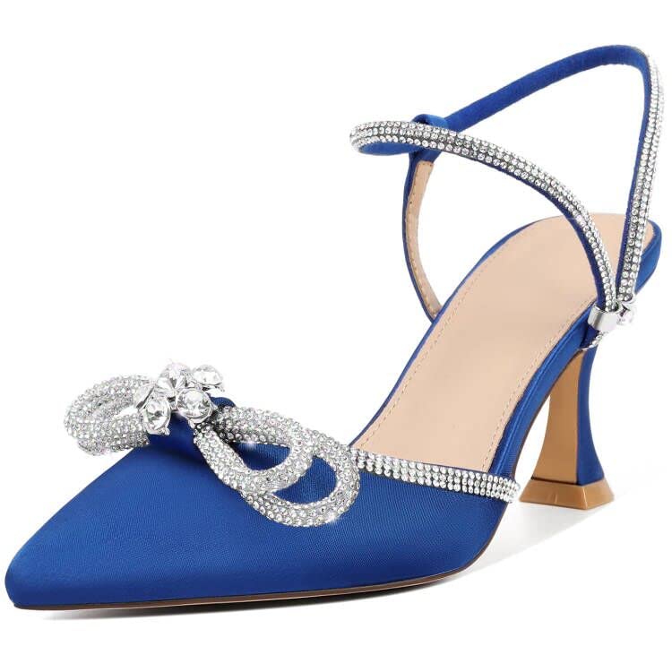 Susanny Women's Wedding Shoes Blue Bow Heels Sparkly Closed Toe Strappy High Heels Sexy Rhinestone Ankle Strap Pumps Bridal Party Dress Shoes 8