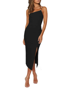 LYANER Women's Spaghetti Straps Split Slit Hem Sleeveless Zipper Bodycon Midi Dress Solid Black Medium