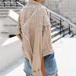 Load image into Gallery viewer, Omoone Women&#39;s Long Sleeve Rivet Studded Denim Jacket Casual Washed Pearl Short Jean Coat(2140-KhakiX1-L)
