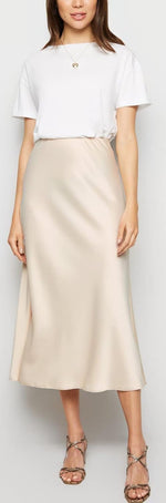 Load image into Gallery viewer, Basoteeuo Midi Skirts for Women High Waist Satin Summer Casual Trendy Summer Sexy Midi Length Elastic Skirt Beige Skirt XS

