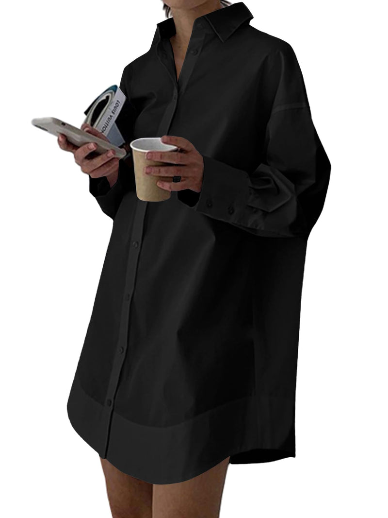 LYANER Women's Casual Shirt Dress Collar V Neck Button Down Loose Long Sleeve Mini Dresses Solid Black Small