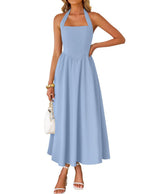 Load image into Gallery viewer, ZESICA Women's Summer Sleeveless Halter Midi Dress 2026 Off Shoulder High Waist Flowy Beach Wedding Guest Long Dresses Blue Small

