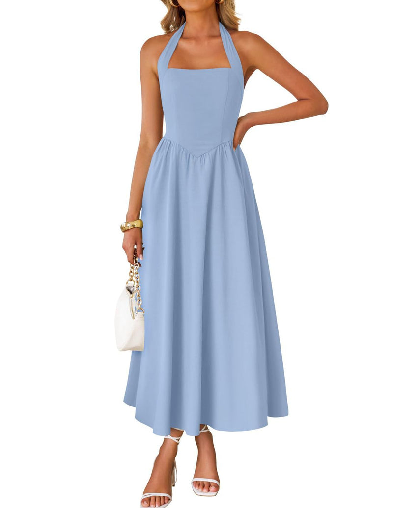ZESICA Women's Summer Sleeveless Halter Midi Dress 2026 Off Shoulder High Waist Flowy Beach Wedding Guest Long Dresses Blue Small
