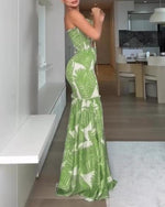 Load image into Gallery viewer, CHICME Floral Printed Prom Dress Drawstring Ruched Shirred Bandeau Party Dress Slim Fit Ruffle Hem Wedding Guest Dresses Green-M
