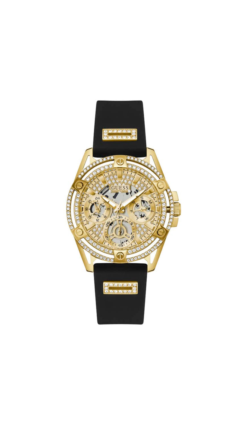 Guess Ladies 40mm Watch - Black Strap Champagne Dial Gold Tone Case