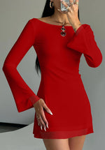 Load image into Gallery viewer, GOBLES Women's Sexy Long Flare Sleeve Boat Neck A-line Mini Cocktail Party Dress Red
