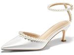 Load image into Gallery viewer, Coutgo Womens Pearl Kitten Heels Closed Pointed Toe Wedding Bride Dress Shoes Ankle Strap Satin Pumps, White, Size 10
