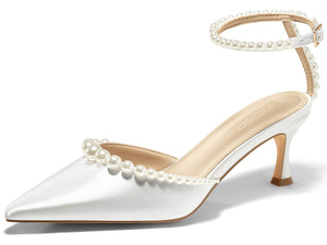 Coutgo Womens Pearl Kitten Heels Closed Pointed Toe Wedding Bride Dress Shoes Ankle Strap Satin Pumps, White, Size 10