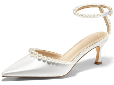 Coutgo Womens Pearl Kitten Heels Closed Pointed Toe Wedding Bride Dress Shoes Ankle Strap Satin Pumps, White, Size 10