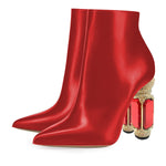 Load image into Gallery viewer, FSJ Women Chic Pointed Toe Crystal Chunky Block High Heel Ankle Boots Glossy Side Zipper Casual Daily Ladies Shoes Size 7 Bright Red
