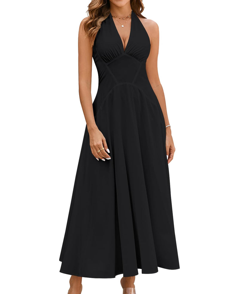 GLNEGE Women's Summer V-Neck Long Dress Casual Halter Wedding Guest Dresses Boho Flowy Smocked Sundress 2026 Black