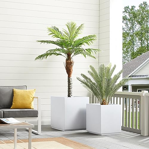 Wallowa Metallic Heavy Planter Box for Outdoor or Indoor, No Assemble and Seamless, Large Square Planter, Cube Planter for Tall Trees, Plants, Flowers 21Lx21Wx24H 35Pounds White