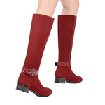 Load image into Gallery viewer, ANN CREEK Women's 'Orizea' Low Block Heel Beehive Patterned Straps Faux Suede Boots, Chunky Heel Zip Riding Knee High Almond Toe Tall Pointed Toe Buckle Long Boots Burgundy - 7
