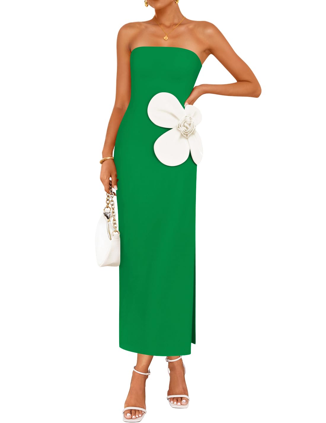 ZESICA Women's Summer Strapless Bodycon Maxi Dress 2025 Ribbed Knit Backless Floral Tube Cocktail Party Long Dresses,Green,Medium