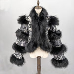 Load image into Gallery viewer, LVCOMEFF Women Sheep Leather Cropped Jacket Bolero Top Coat Motorcycle Jacket With Fox Fur Layer Long Sleeve Python Pattern (US, Alpha, X-Small, Regular, Regular, flower print)
