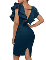Load image into Gallery viewer, UONBOX Women's Ruffle Short Sleeve Plunge V Neck Bodycon Dress Back Split Bandage Party Club Dress Blue L
