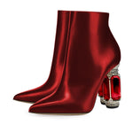 Load image into Gallery viewer, FSJ Women Chic Pointed Toe Crystal Chunky Block High Heel Ankle Boots Glossy Side Zipper Casual Daily Ladies Shoes Size 7 DarkRed

