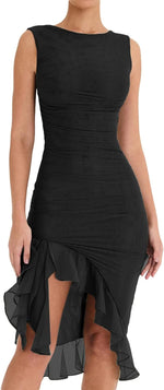 Load image into Gallery viewer, Women's Midi Bodycon Dress Summer Sleeveless Ruffle Mermaid Dress Cocktail Party Tank Dresses for Wedding Guest,Black,Small
