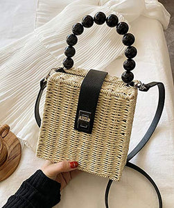 QZUnique Straw Bucket Bags for Women Top Handle Drawstring Woven Handbag Shoulder Bag Summer Beach Purses with Bamboo Handle