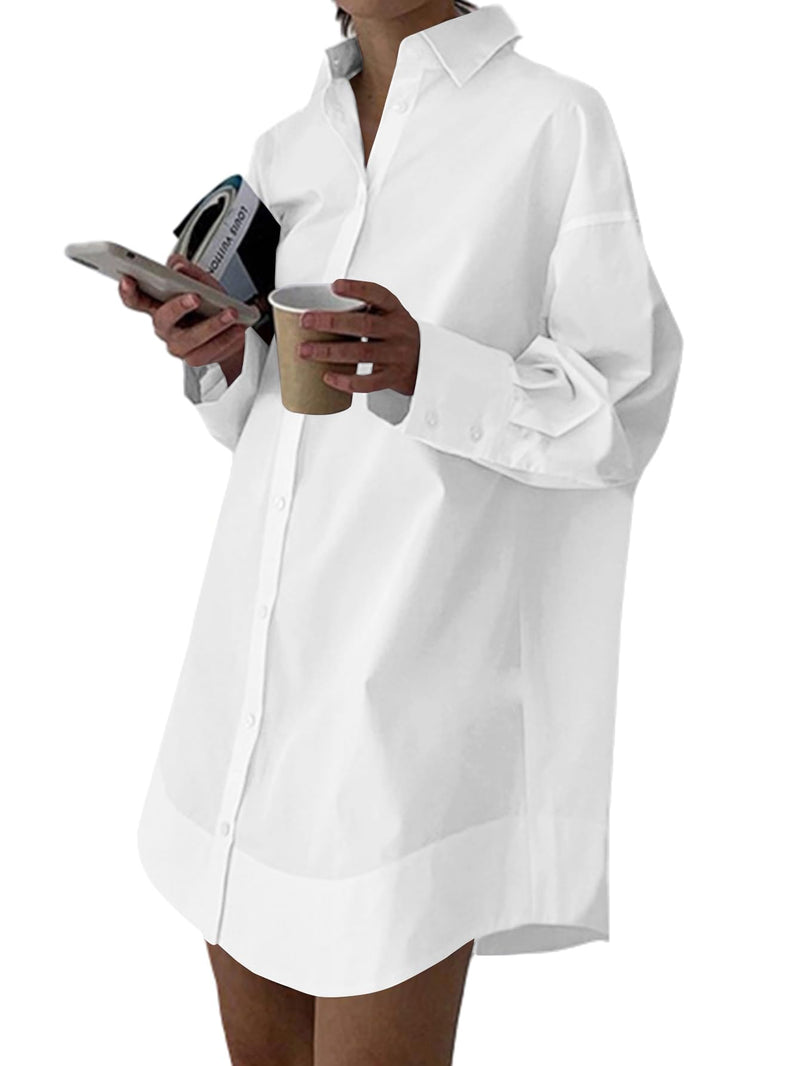 LYANER Women's Casual Shirt Dress Collar V Neck Button Down Loose Long Sleeve Mini Dresses White Small