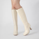 Load image into Gallery viewer, Athlefit Women&#39;s Knee High Boots Kitten Heel Square Toe Tall Boots Fashion Dress Stiletto Heeled Beige Long Booties Size 9.5
