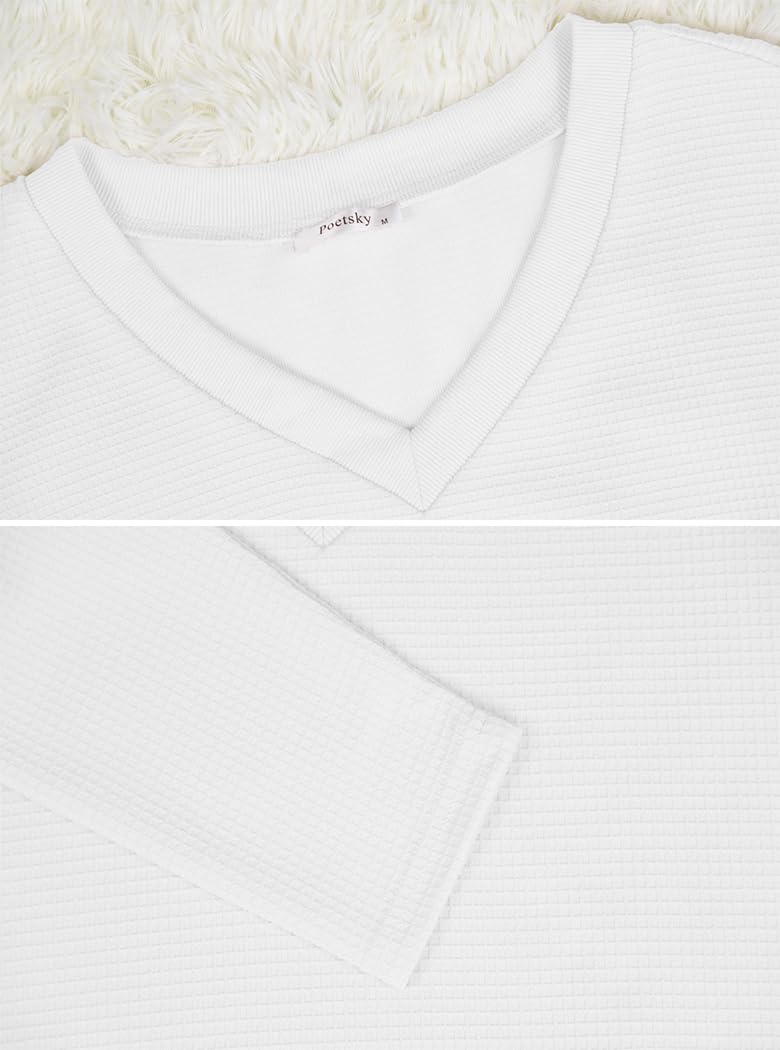 Poetsky Waffle Knit V Neck Sweater Crop Long Sleeve Women Off Shoulder Top Ladies Pullover Sweaters Fall and Winter White M