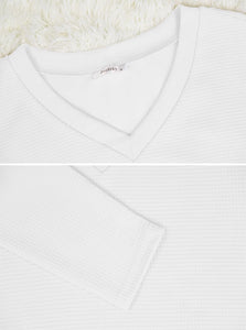 Poetsky Waffle Knit V Neck Sweater Crop Long Sleeve Women Off Shoulder Top Ladies Pullover Sweaters Fall and Winter White M