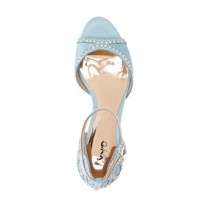 XYD Women's Sandals, Chic Peep Toe, D'Orsay Kitten Low Heels, Rhinestone Studs, Ankle Strap Satin Shoes for Wedding Ballroom (Size 8, Sky Blue)
