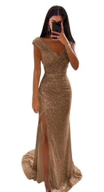 Load image into Gallery viewer, WENKAFO Glitter Sequin Prom Dress for Teens 2026 Slit Sparkly Mermaid V Neck Evening Party Gowns for Women Ruched Long Formal Gown Size 8 Brown
