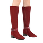 Load image into Gallery viewer, ANN CREEK Women's 'Orizea' Low Block Heel Beehive Patterned Straps Faux Suede Boots, Chunky Heel Zip Riding Knee High Almond Toe Tall Pointed Toe Buckle Long Boots Burgundy - 7
