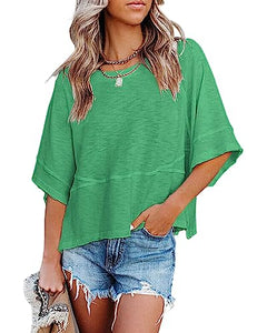 Sovelen Women's Summer Casual Crewneck 3/4 Sleeve T-Shirts Solid Color Loose Fit Cute Basic Tops Tees Blouses (Green, Medium)