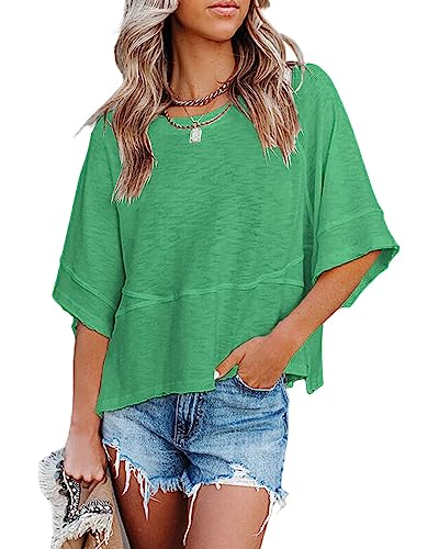 Sovelen Women's Summer Casual Crewneck 3/4 Sleeve T-Shirts Solid Color Loose Fit Cute Basic Tops Tees Blouses (Green, Medium)