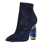 Load image into Gallery viewer, FSJ Women Chic Pointed Toe Crystal Chunky Block High Heel Ankle Boots Glossy Side Zipper Casual Daily Fashion Ladies Shoes Size 7 Dark Blue
