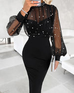 Load image into Gallery viewer, CHICME Sexy Black Dress for Women Mock Neck Bodycon Midi Dress Long Sleeve Sheer Dresses Beaded Night Club Party Dresses Black-XL
