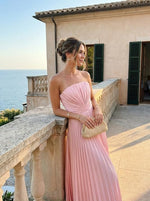 Load image into Gallery viewer, DJFLFU Strapless Bridesmaid Dress Pleated Chiffon Long Formal Prom Dress for Cocktail Party Gowns Light Blue
