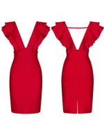 Load image into Gallery viewer, UONBOX Women's Ruffle Short Sleeve Plunge V Neck Bodycon Dress Back Split Bandage Party Club Dress Red L
