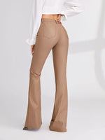 Load image into Gallery viewer, WDIRARA Women's Slant Pocket Straight Leg High Stretch Jeans Leather Look Long Pants Flare Leg Khaki L
