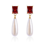 Load image into Gallery viewer, TaYolnFaSo Pearl Emerald-cut Garnet Earring for Women Natural Shell Pearl Dangle Drop Earring January Birthstone Red Emerald Cut Jewelry Gift for Wife Mother Girlfriend
